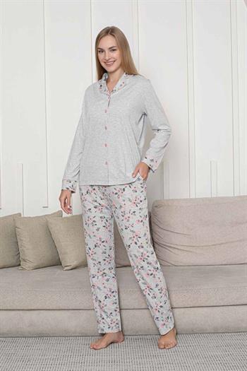 Önden Düğmeli Kadın Pijama Takımı - Gri Çiçek Desenli Uzun Kol Likralı Rink Viskon 2873UY