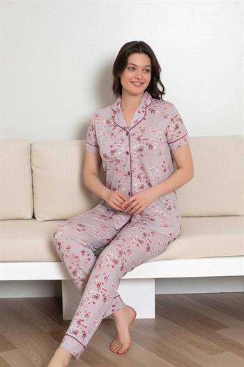 Önden Düğmeli Kadın Pijama Takımı - Kısa Kol Likralı Rink Viskon 2844KY