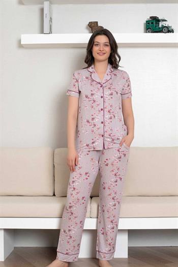 Önden Düğmeli Kadın Pijama Takımı - Kısa Kol Likralı Rink Viskon 2844KY