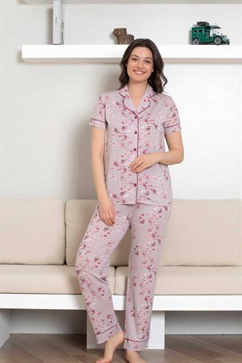 Önden Düğmeli Kadın Pijama Takımı - Kısa Kol Likralı Rink Viskon 2844KY
