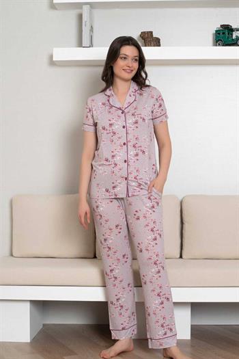 Önden Düğmeli Kadın Pijama Takımı - Kısa Kol Likralı Rink Viskon 2844KY