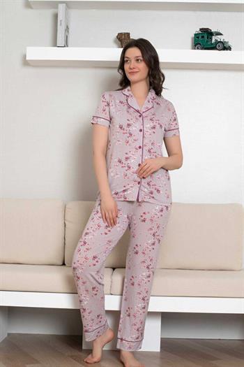 Önden Düğmeli Kadın Pijama Takımı - Kısa Kol Likralı Rink Viskon 2844KY