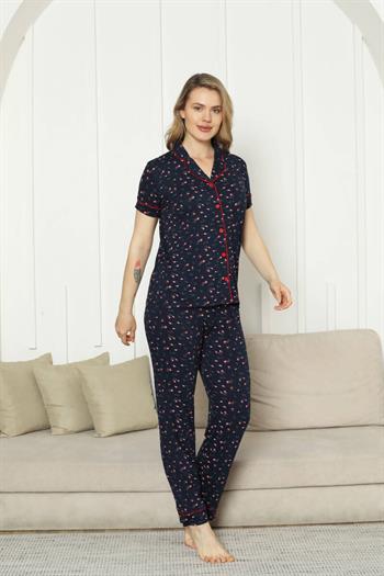 Önden Düğmeli Kadın Pijama Takımı - Laciver Gül Desenli Kısa Kol Likralı Rink Viskon 2862KY