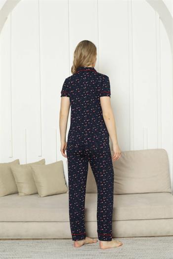 Önden Düğmeli Kadın Pijama Takımı - Laciver Gül Desenli Kısa Kol Likralı Rink Viskon 2862KY