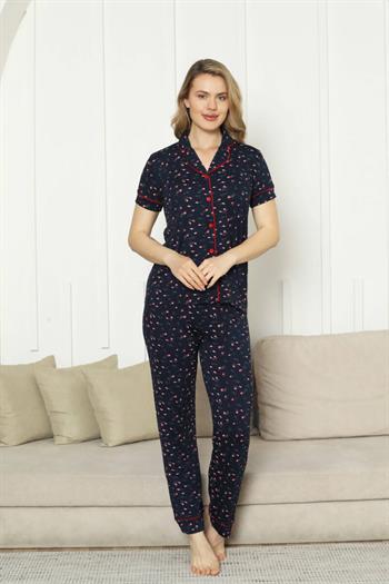 Önden Düğmeli Kadın Pijama Takımı - Laciver Gül Desenli Kısa Kol Likralı Rink Viskon 2862KY