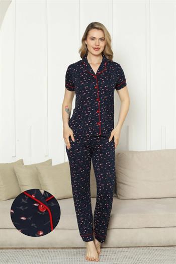 Önden Düğmeli Kadın Pijama Takımı - Laciver Gül Desenli Kısa Kol Likralı Rink Viskon 2862KY