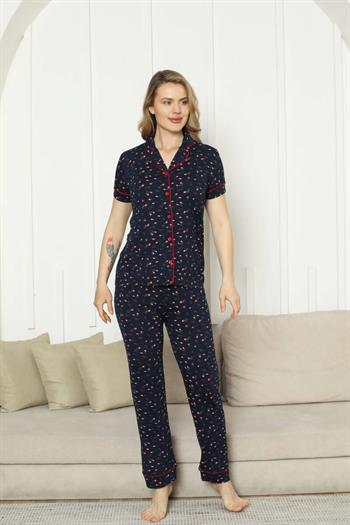Önden Düğmeli Kadın Pijama Takımı - Laciver Gül Desenli Kısa Kol Likralı Rink Viskon 2862KY