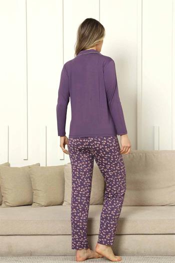 Önden Düğmeli Kadın Pijama Takımı - Mor Uzun Kol Likralı Rink Viskon 2854UY
