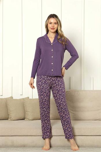 Önden Düğmeli Kadın Pijama Takımı - Mor Uzun Kol Likralı Rink Viskon 2854UY
