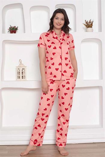 Önden Düğmeli Kadın Pijama Takımı - Pembe Kalp desenli Penye 2783KY