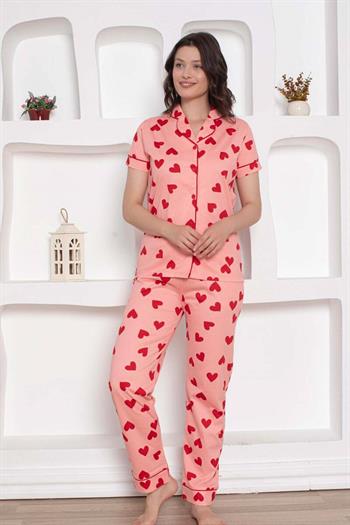 Önden Düğmeli Kadın Pijama Takımı - Pembe Kalp desenli Penye 2783KY