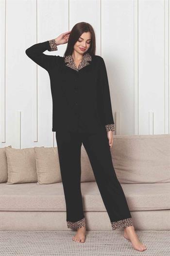 Önden Düğmeli Kadın Pijama Takımı - Siyah Leopar Desen Dakalı Uzun Kol Likralı Rink Viskon 2877UY