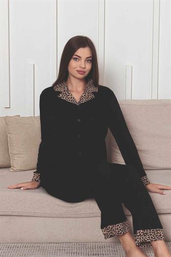 Önden Düğmeli Kadın Pijama Takımı - Siyah Leopar Desen Dakalı Uzun Kol Likralı Rink Viskon 2877UY
