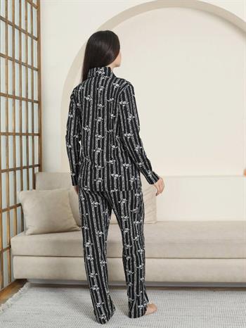 Önden Düğmeli Kadın Pijama Takımı - Siyah Çizgili Uzun Kol Likralı Penye 2884UK