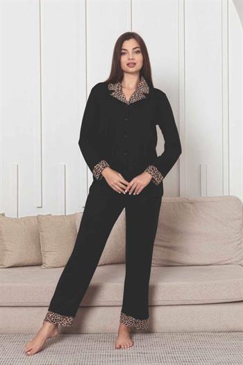 Önden Düğmeli Kadın Pijama Takımı - Siyah Leopar Desen Dakalı Uzun Kol Likralı Rink Viskon 2877UY