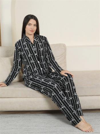 Önden Düğmeli Kadın Pijama Takımı - Siyah Çizgili Uzun Kol Likralı Penye 2884UK