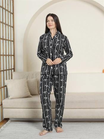 Önden Düğmeli Kadın Pijama Takımı - Siyah Çizgili Uzun Kol Likralı Penye 2884UK