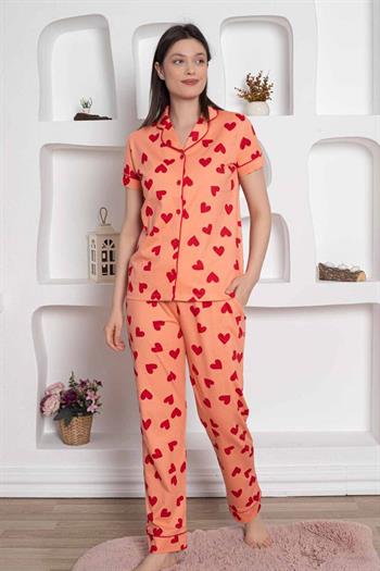 Önden Düğmeli Kadın Pijama Takımı - Somon Kalp desenli Penye 2783KY