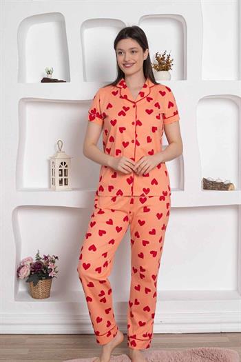 Önden Düğmeli Kadın Pijama Takımı - Somon Kalp desenli Penye 2783KY