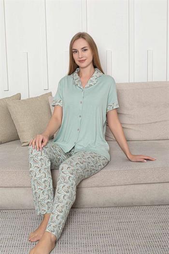Önden Düğmeli Kadın Pijama Takımı - Su Yeşili Çiçek Desenli Kisa Kol Likralı Rink Viskon 2872KY