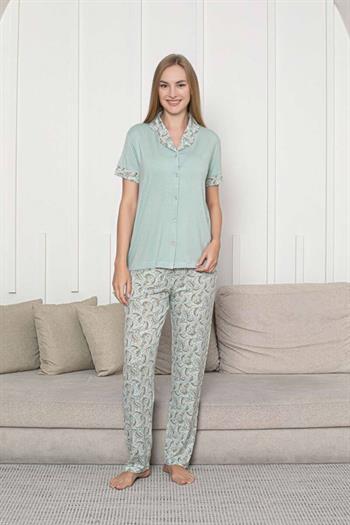Önden Düğmeli Kadın Pijama Takımı - Su Yeşili Çiçek Desenli Kisa Kol Likralı Rink Viskon 2872KY