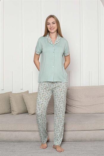 Önden Düğmeli Kadın Pijama Takımı - Su Yeşili Çiçek Desenli Kisa Kol Likralı Rink Viskon 2872KY
