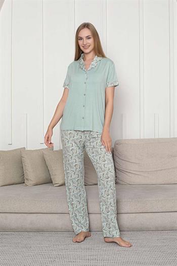 Önden Düğmeli Kadın Pijama Takımı - Su Yeşili Çiçek Desenli Kisa Kol Likralı Rink Viskon 2872KY