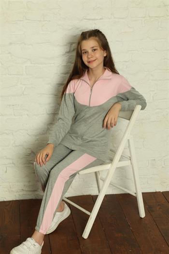 Pembe Uzun Kollu Fermuarlı Penye Çocuk Eşofman Takımı 5168UK