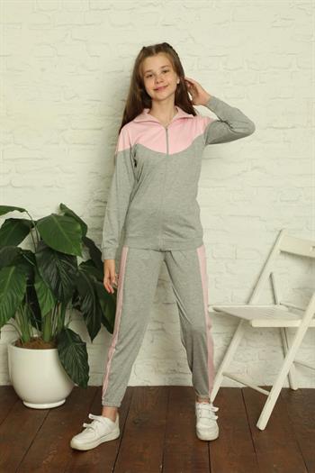 Pembe Uzun Kollu Fermuarlı Penye Çocuk Eşofman Takımı 5168UK