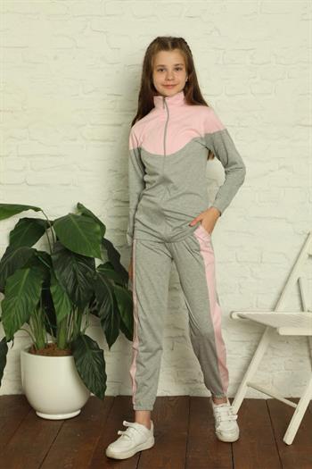 Pembe Uzun Kollu Fermuarlı Penye Çocuk Eşofman Takımı 5168UK