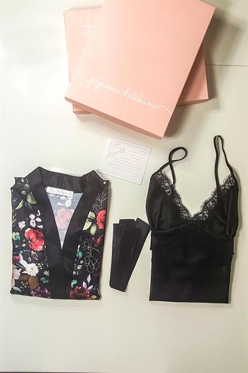 Perla Saten Çiçekli Sabahlık ve Askılı Gecelik Seti 8003MS