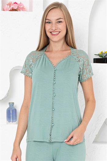 Sabahlıklı Pijama Takımı - Yeşil Dantel Detaylı 3 Parça Likralı 2741