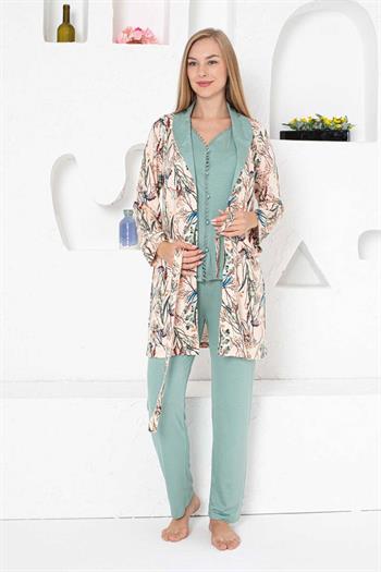 Sabahlıklı Pijama Takımı - Yeşil Dantel Detaylı 3 Parça Likralı 2741
