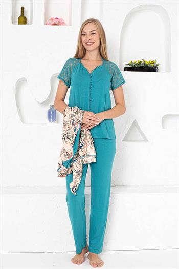Sabahlıklı Pijama Takımı - Zümrüt Dantel Detaylı 3 Parça Likralı 2741