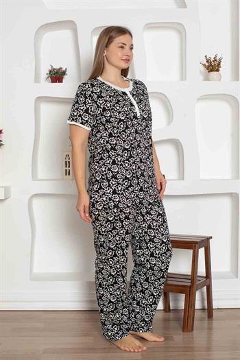 Siyah Çiçek Desenli Büyük Beden Bayan Pijama Takımı 2794KYB