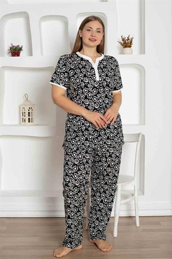 Siyah Çiçek Desenli Büyük Beden Bayan Pijama Takımı 2795KYB
