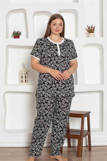 Siyah Çiçek Desenli Büyük Beden Bayan Pijama Takımı 2794KYB