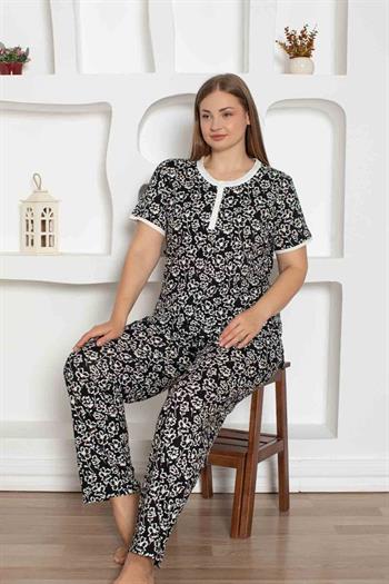 Siyah Çiçek Desenli Büyük Beden Bayan Pijama Takımı 2794KYB