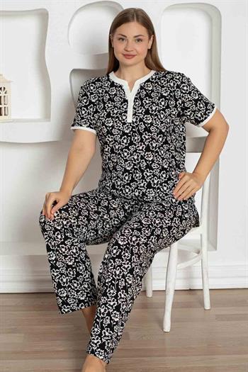 Siyah Çiçek Desenli Büyük Beden Bayan Pijama Takımı 2795KYB