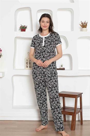 Siyah Çiçek Desenli Penye Bayan Pijama Takımı 2794KY