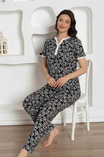 Siyah Çiçek Desenli Penye Bayan Pijama Takımı 2795KY