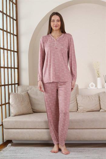 Uzun Kollu Bayan Pijama Takımı - Gülkurusu Çiçek Desen Likralı Viskon 2851UY