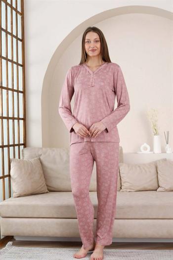 Uzun Kollu Bayan Pijama Takımı - Gülkurusu Çiçek Desen Likralı Viskon 2851UY