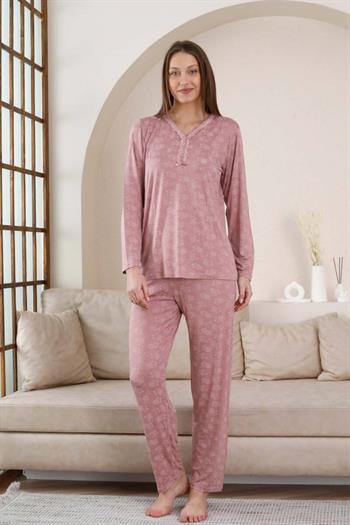 Uzun Kollu Bayan Pijama Takımı - Gülkurusu Çiçek Desen Likralı Viskon 2851UY