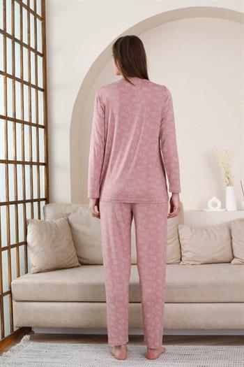 Uzun Kollu Bayan Pijama Takımı - Gülkurusu Çiçek Desen Likralı Viskon 2851UY