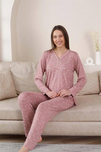 Uzun Kollu Bayan Pijama Takımı - Gülkurusu Çiçek Desen Likralı Viskon 2851UY