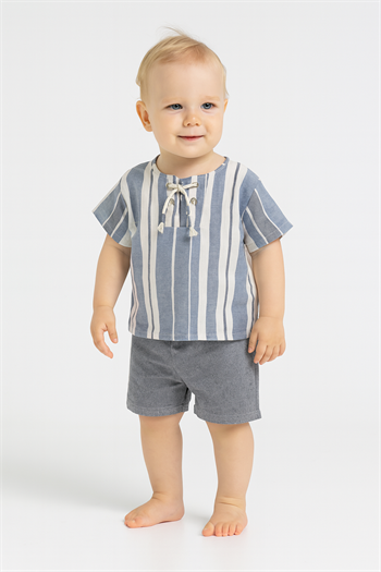 Erkek Bebek Çizgili Gömlek Dokuma Kumaş Yazlık Şortlu Takım