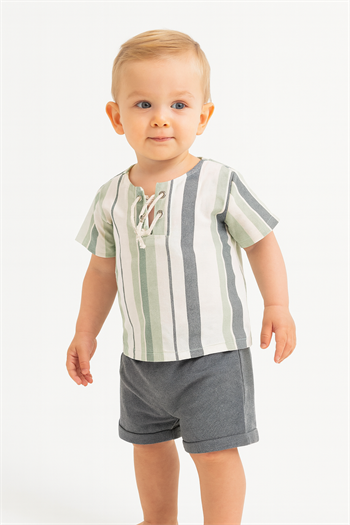 Erkek Bebek Çizgili Gömlek Dokuma Kumaş Yazlık Şortlu Takım