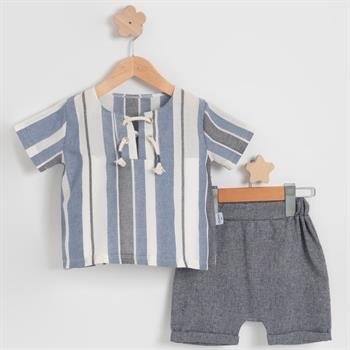 Erkek Bebek Çizgili Gömlek Dokuma Kumaş Yazlık Şortlu Takım