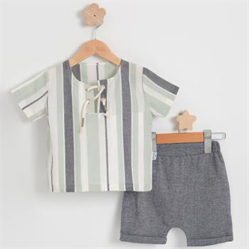 Erkek Bebek Çizgili Gömlek Dokuma Kumaş Yazlık Şortlu Takım